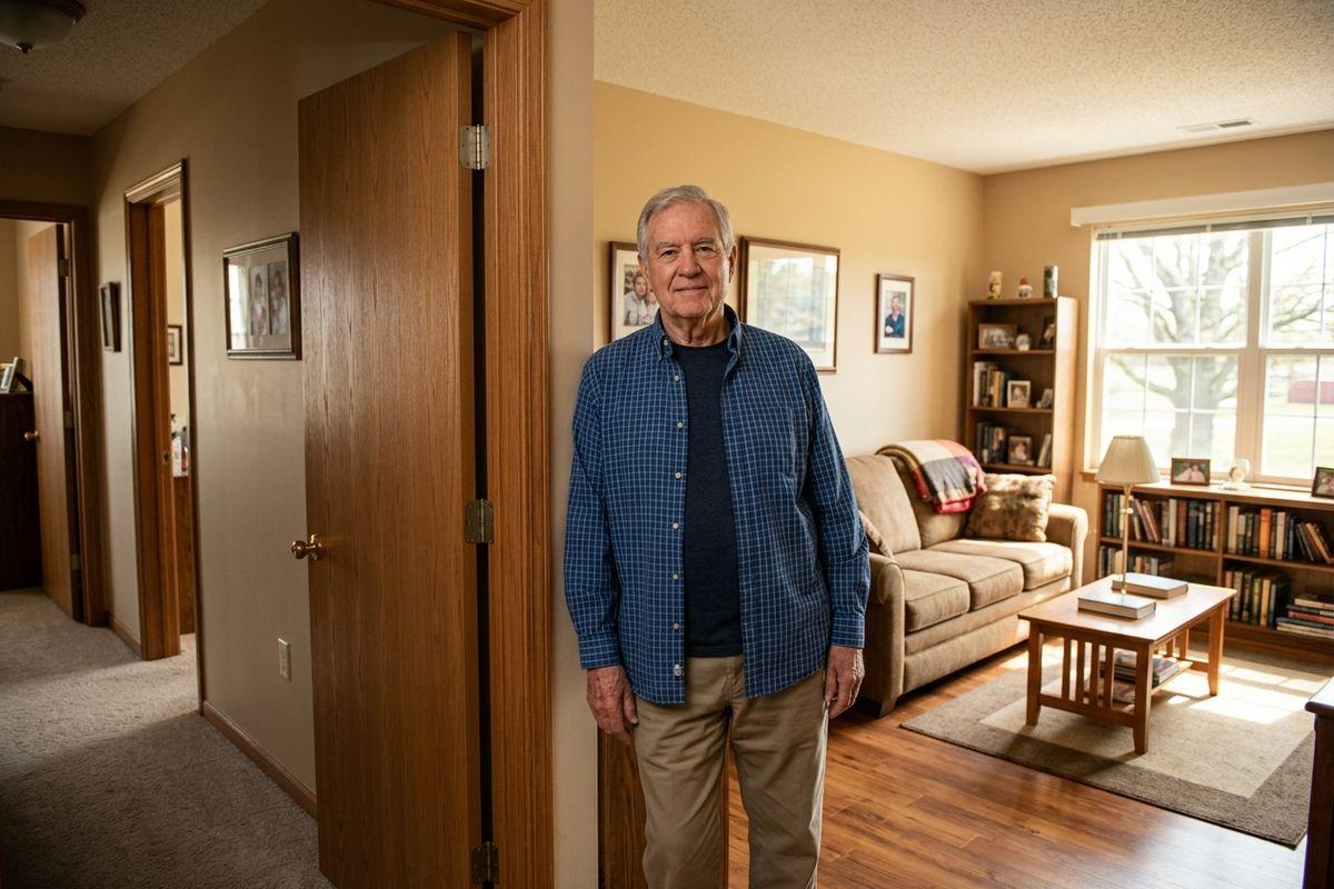 Older adult in a blue plaid shirt standing in a doorway of a living room with a couch, bookshelves, and window.