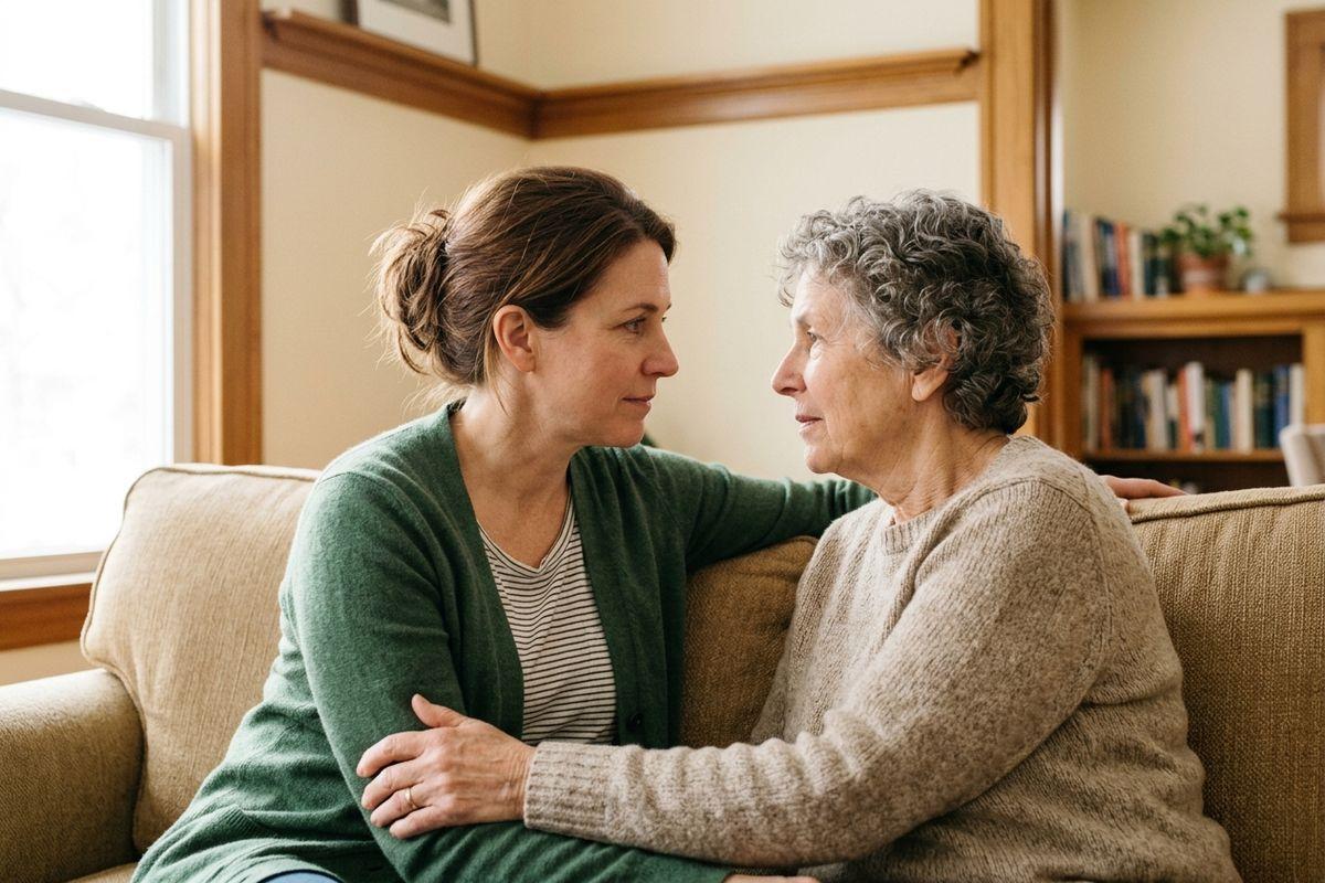 Younger adult and older adult sit close on a couch, arms around each other, looking at each other with concern.
