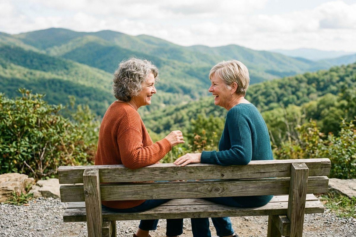 A pair of older adults sits on a wooden bench, smiling and talking, overlooking forested hills.