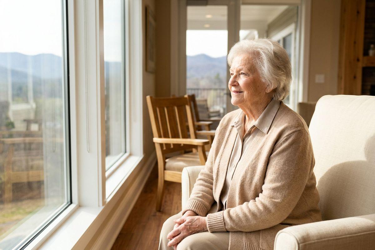 An older adult sits in an armchair by a large window, smiling as they look out at mountain views.