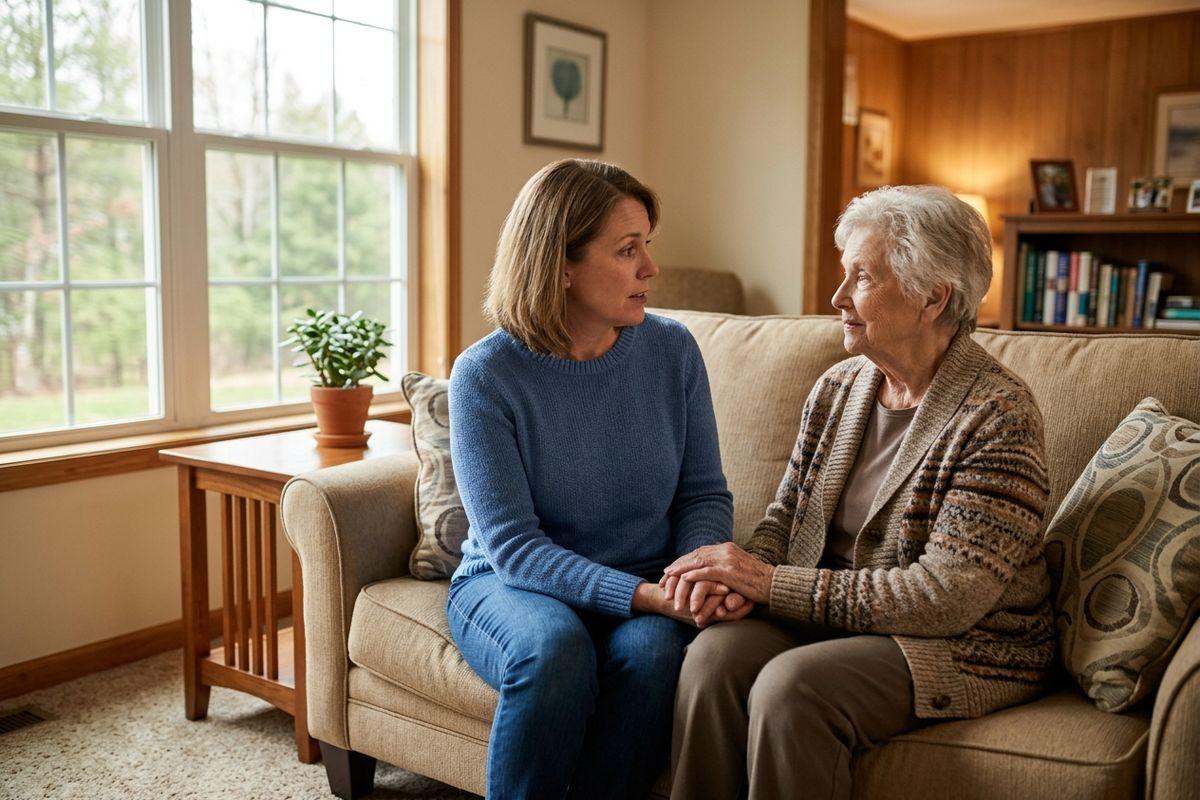 Two adults sitting on a couch holding hands and talking in a living room.