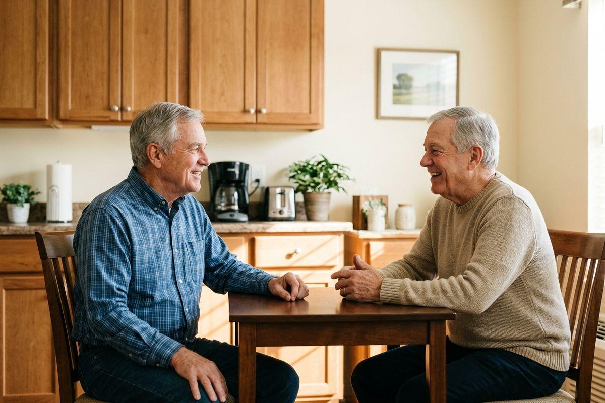 Two older adults sit at a kitchen table, talking and smiling at each other.