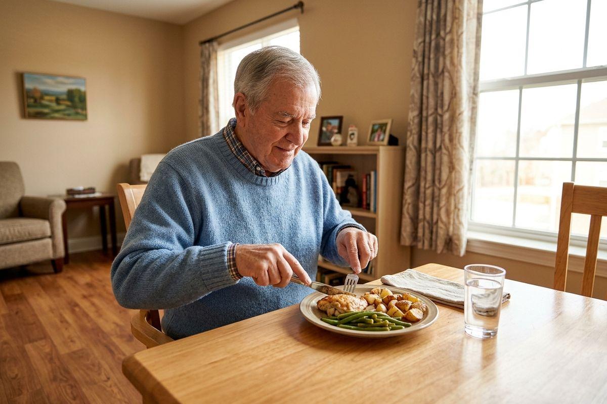 A senior in a blue sweater smiles while eating a plate of chicken, green beans, and potatoes at a wooden dining table.